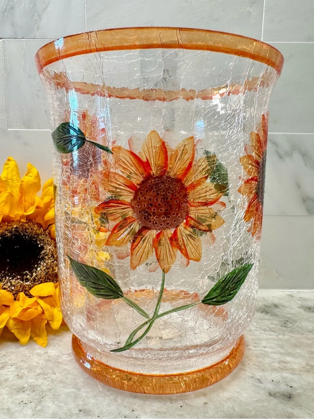 New Yankee Candle Summer Fall Sunflower Crackle Glass Hurricane Candle Holder 7”